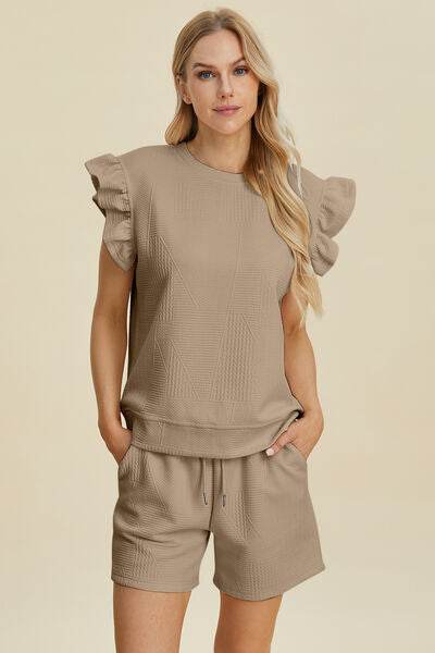 Double Take Full Size Texture Round Neck Ruffle Sleeve Top and Shorts Set for a perfect OOTD – dress to impress outfits from Amexza