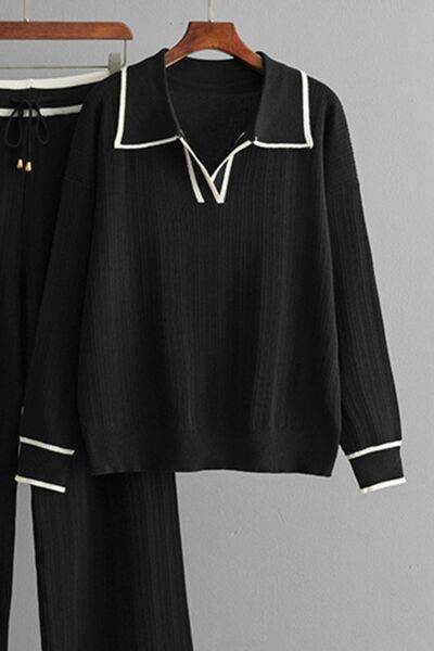 Contrast Trim Johnny Collar Top and Drawstring Pants Sweater Set for a perfect OOTD – dress to impress outfits from Amexza