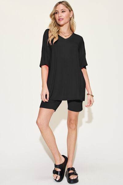 Basic Bae Bamboo Full Size V-Neck Drop Shoulder T-Shirt and Shorts Set for a perfect OOTD – dress to impress outfits from Amexza