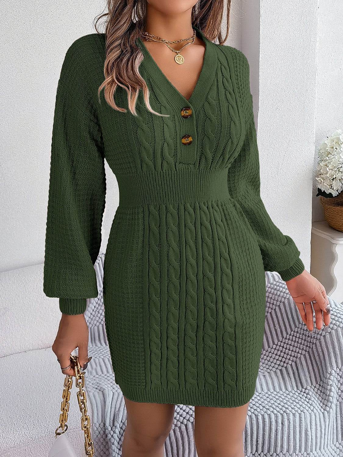 Buttoned Cable-Knit V-Neck Sweater Dress Army Green for a perfect OOTD – dress to impress outfits from Amexza