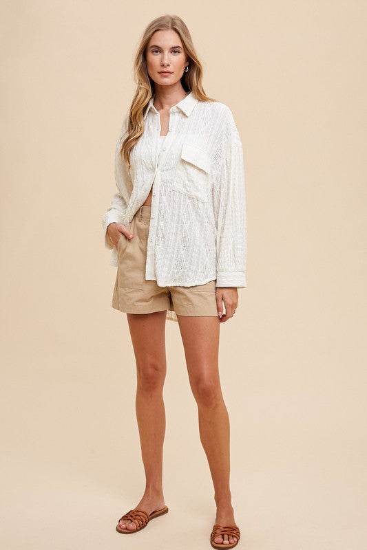 Annie Wear Openwork Button Down Drop Shoulder Shirt for a perfect OOTD – dress to impress outfits from Amexza