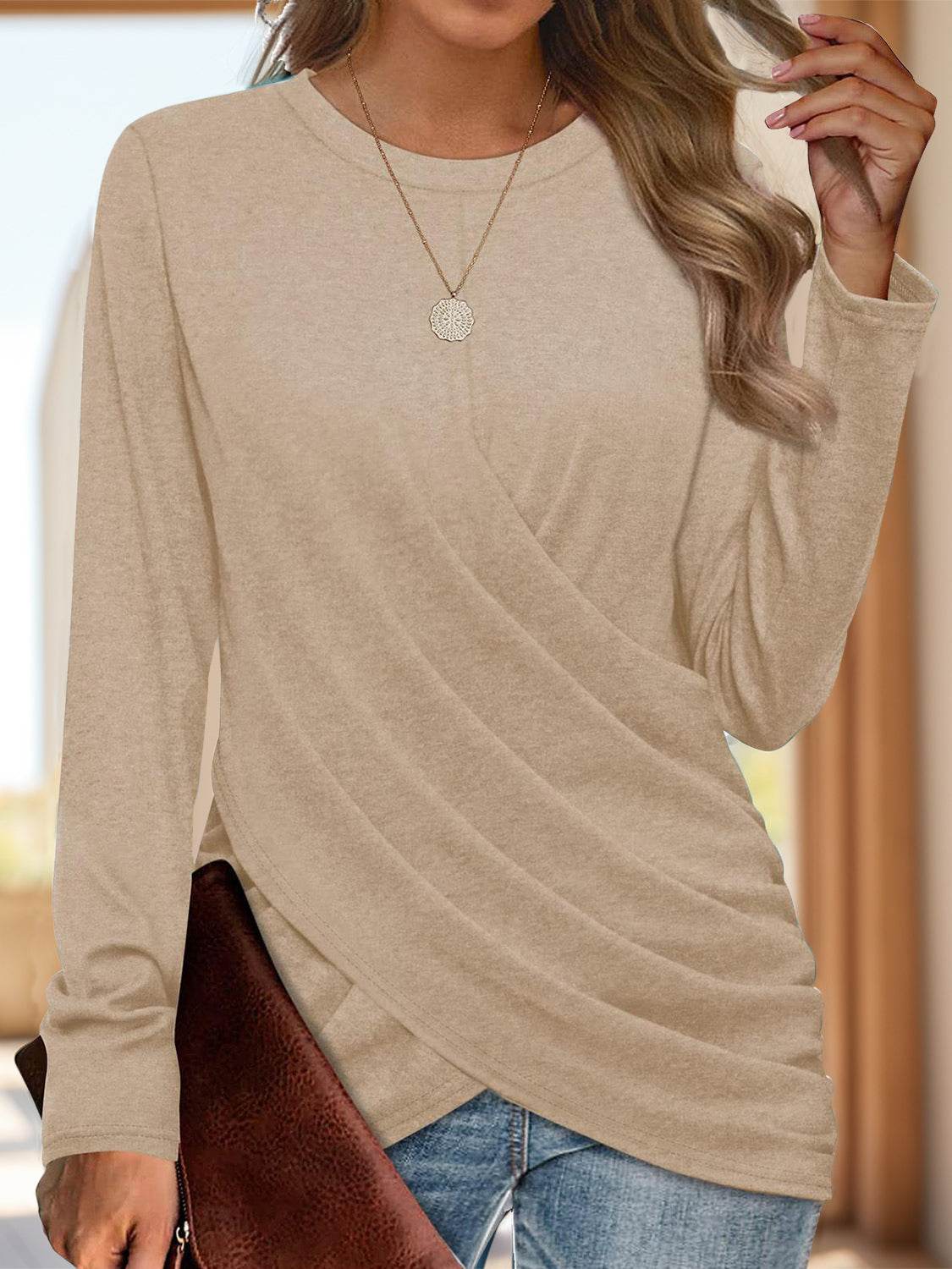 Ruched Round Neck Long Sleeve T-Shirt Tan for a perfect OOTD – dress to impress outfits from Amexza