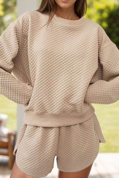 Quilted Round Neck Long Sleeve Top and Shorts Set Dust Storm for a perfect OOTD – dress to impress outfits from Amexza