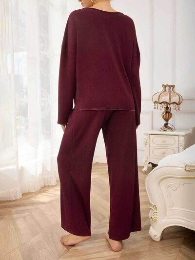 V-Neck Long Sleeve Top and Wide Leg Pants Set - Amexza