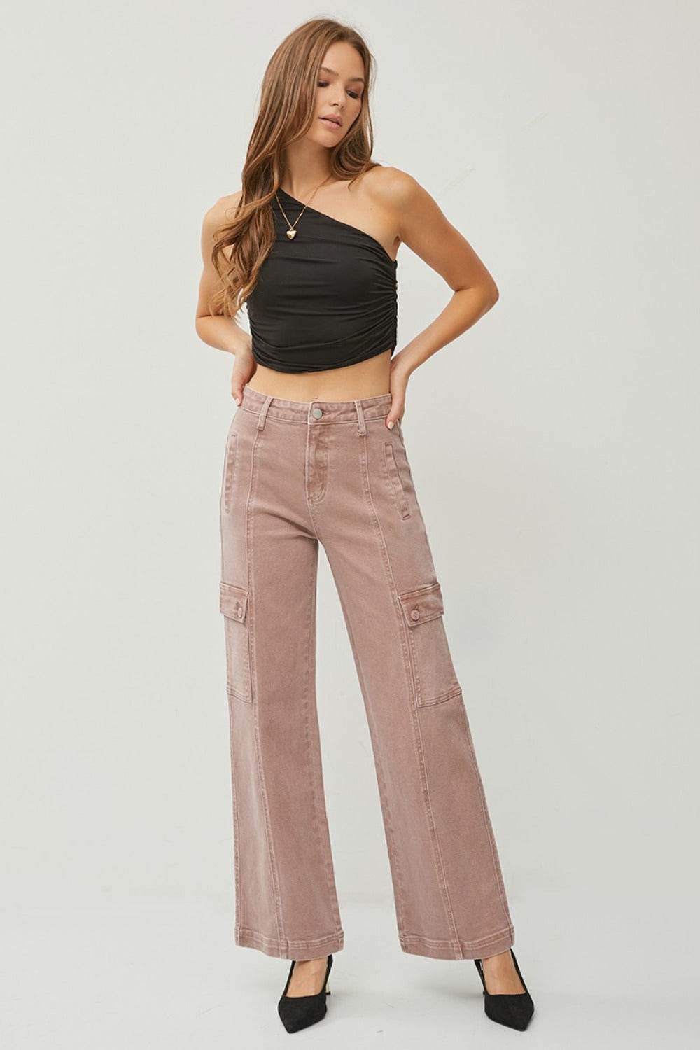 RISEN Full Size High Rise Wide Leg Cargo Jeans - Amexza
