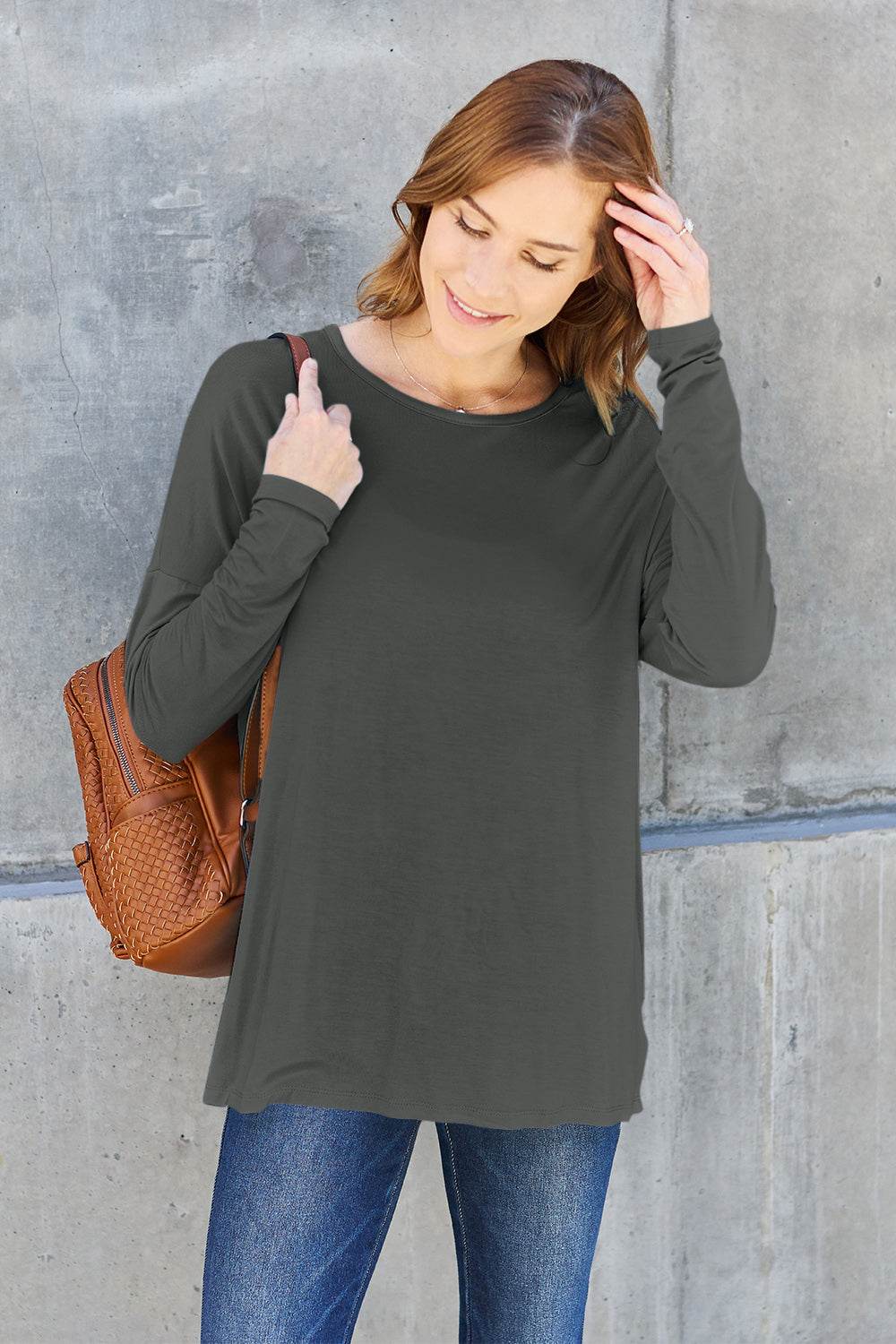 Basic Bae Full Size Round Neck Dropped Shoulder T-Shirt Dark Gray for a perfect OOTD – dress to impress outfits from Amexza