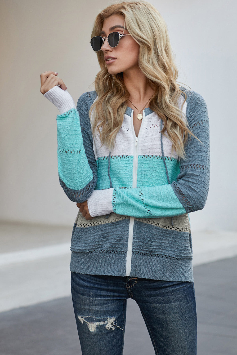 Zip-Up Raglan Sleeve Openwork Hooded Cardigan for a perfect OOTD – dress to impress outfits from Amexza