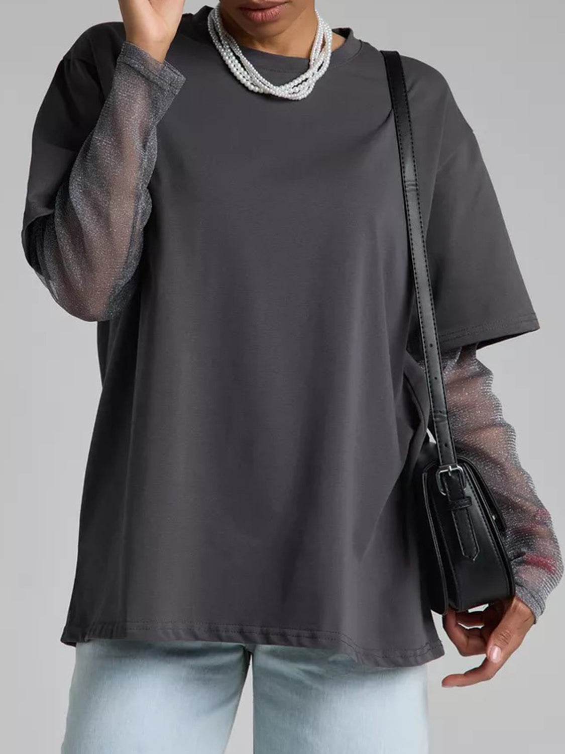 Faux Layered Round Neck Mesh Sleeve Top - Amexza