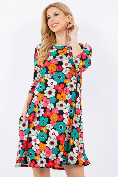 Celeste Full Size Floral Three-Quarter Sleeve Dress with Pockets for a perfect OOTD – dress to impress outfits from Amexza