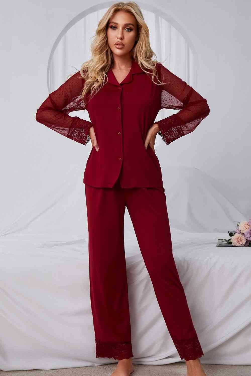 Spliced Lace Lapel Collar Pajama Set Red for a perfect OOTD – dress to impress outfits from Amexza