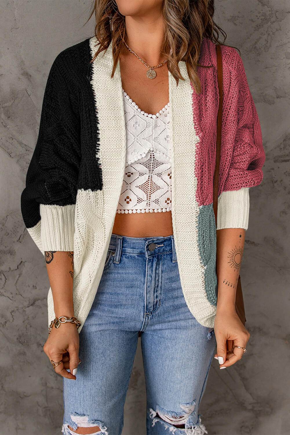 Woven Right Color Block Cable-Knit Batwing Sleeve Cardigan - Amexza