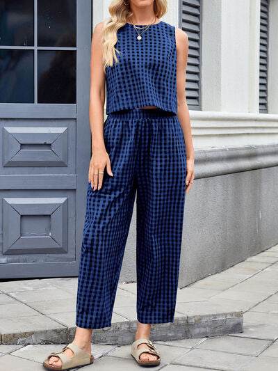 Lovelet Plaid Round Neck Sleeveless Top and Pants Set - Amexza