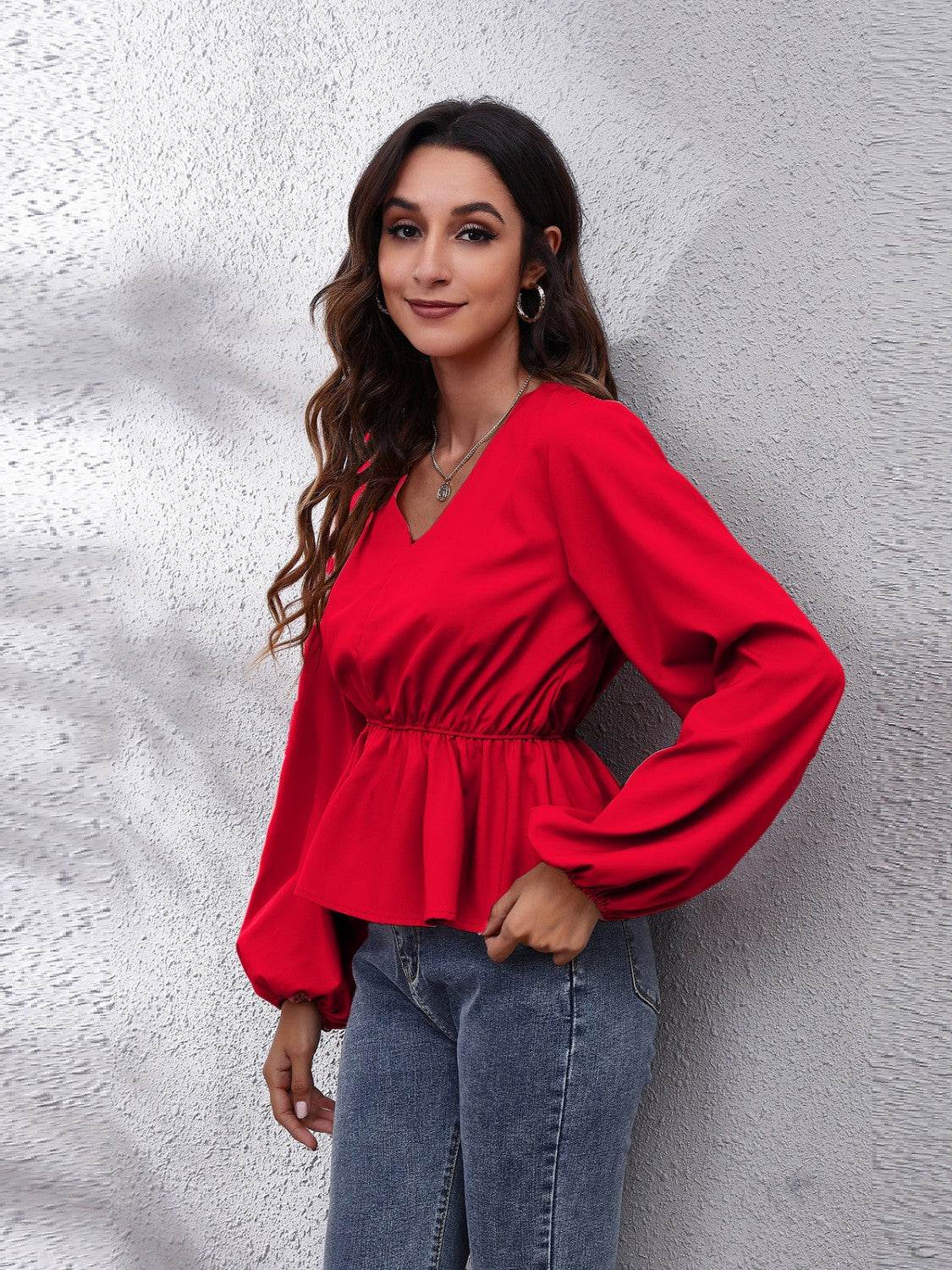 V-Neck Balloon Sleeve Peplum Blouse for a perfect OOTD – dress to impress outfits from Amexza