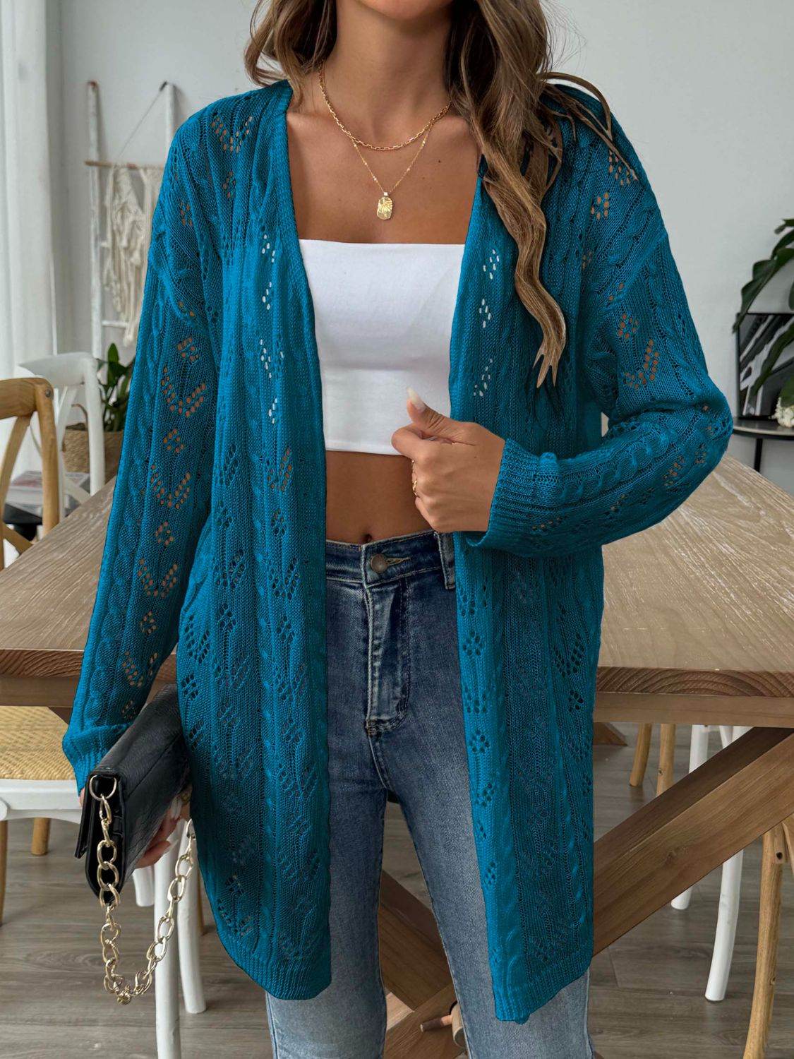 Openwork Open Front Long Sleeve Cardigan - Amexza