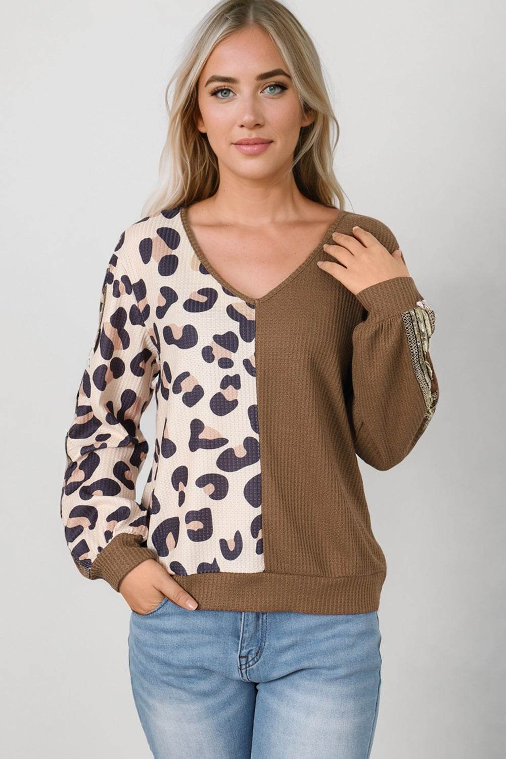 Leopard V-Neck Waffle-Knit Top - Amexza