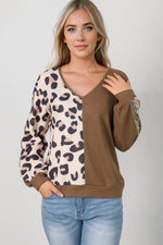 Leopard V-Neck Waffle-Knit Top - Amexza