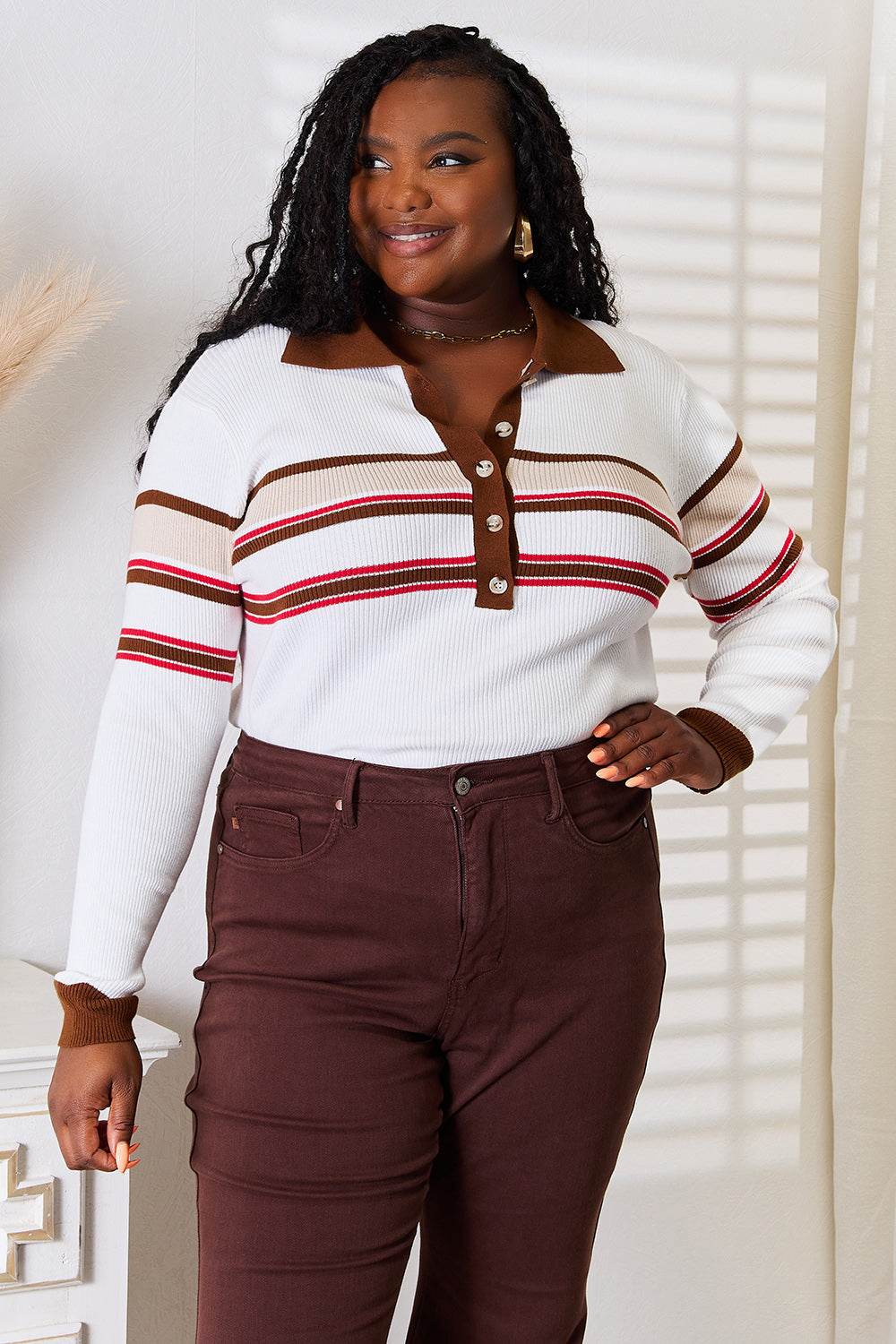 Basic Bae Striped Collared Neck Rib-Knit Top Beige for a perfect OOTD – dress to impress outfits from Amexza