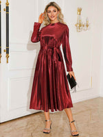 Tie Waist Long Sleeve Midi Dress - Amexza