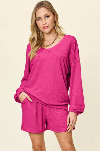 Double Take Full Size Texture V-Neck Long Sleeve T-Shirt and Shorts Set Hot Pink for a perfect OOTD – dress to impress outfits from Amexza