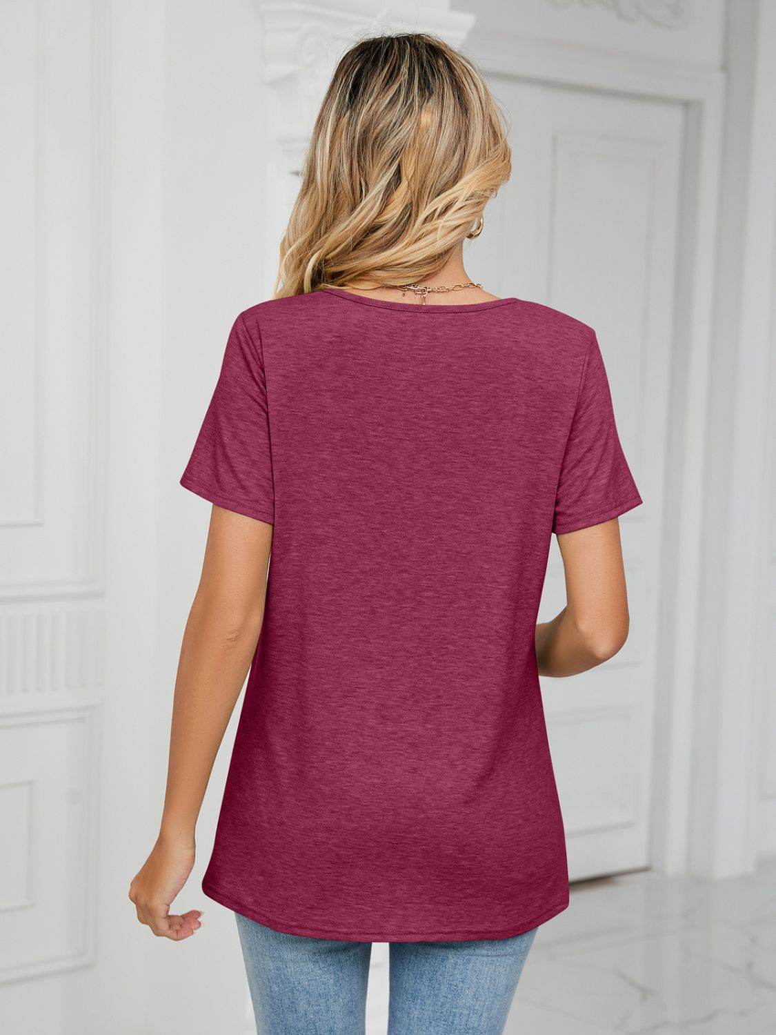 Ruched V-Neck Short Sleeve T-Shirt for a perfect OOTD – dress to impress outfits from Amexza