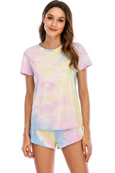 Tie-Dye Round Neck Short Sleeve Top and Shorts Lounge Set for a perfect OOTD – dress to impress outfits from Amexza