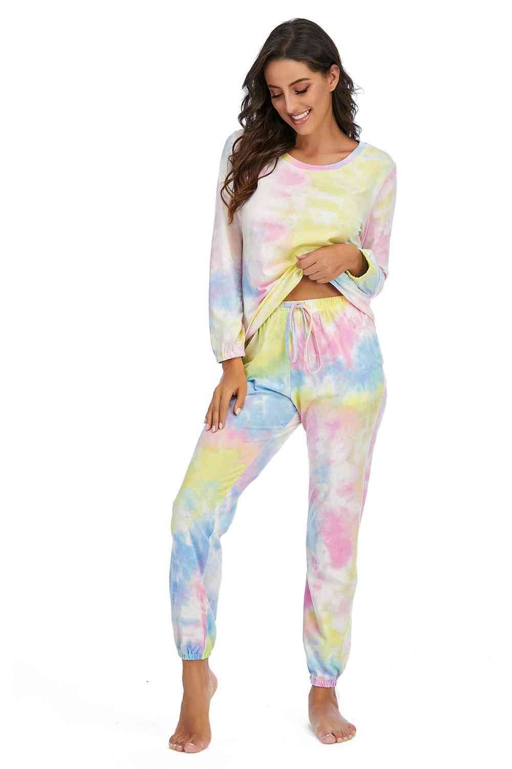 Tie-Dye Top and Drawstring Pants Lounge Set - Amexza