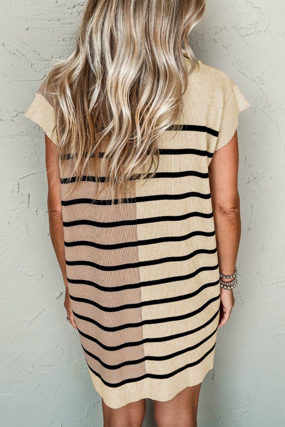 Striped Quarter Zip Cap Sleeve Sweater Dress - Amexza