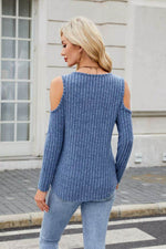 Ribbed Cold Shoulder Long Sleeve Top - Amexza