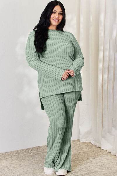 Basic Bae Full Size Ribbed High-Low Top and Wide Leg Pants Set for a perfect OOTD – dress to impress outfits from Amexza