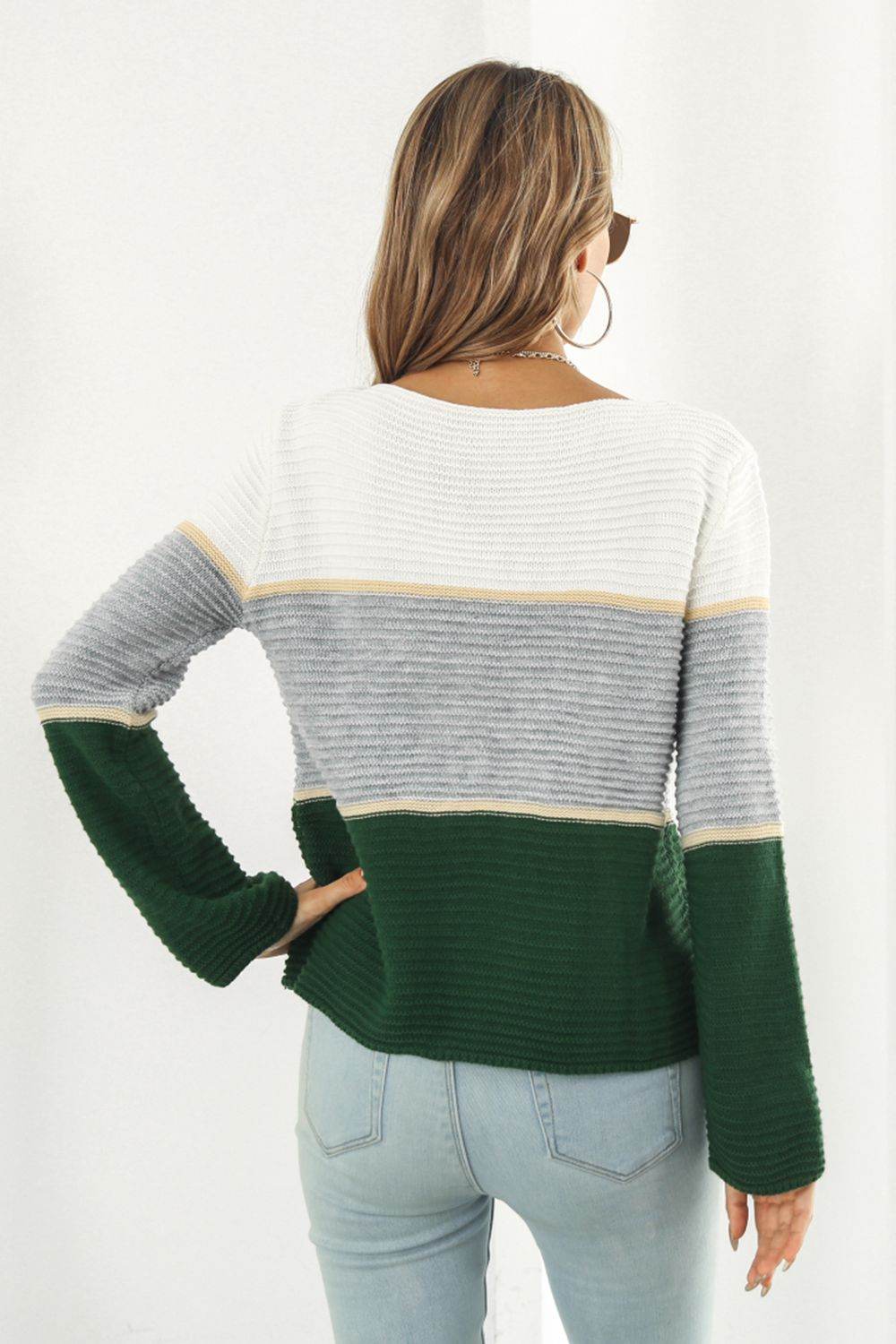 Color Block Horizontal Ribbing Sweater - Amexza