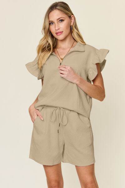 Double Take Full Size Texture Flounce Sleeve Top and Drawstring Shorts Set Mocha for a perfect OOTD – dress to impress outfits from Amexza