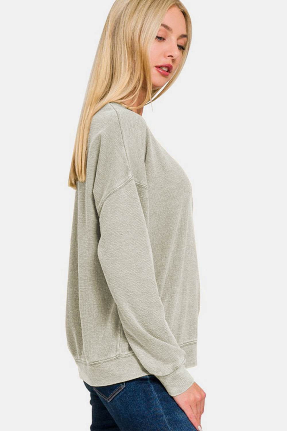 Zenana Washed Round Neck Dropped Shoulder Sweatshirt - Amexza