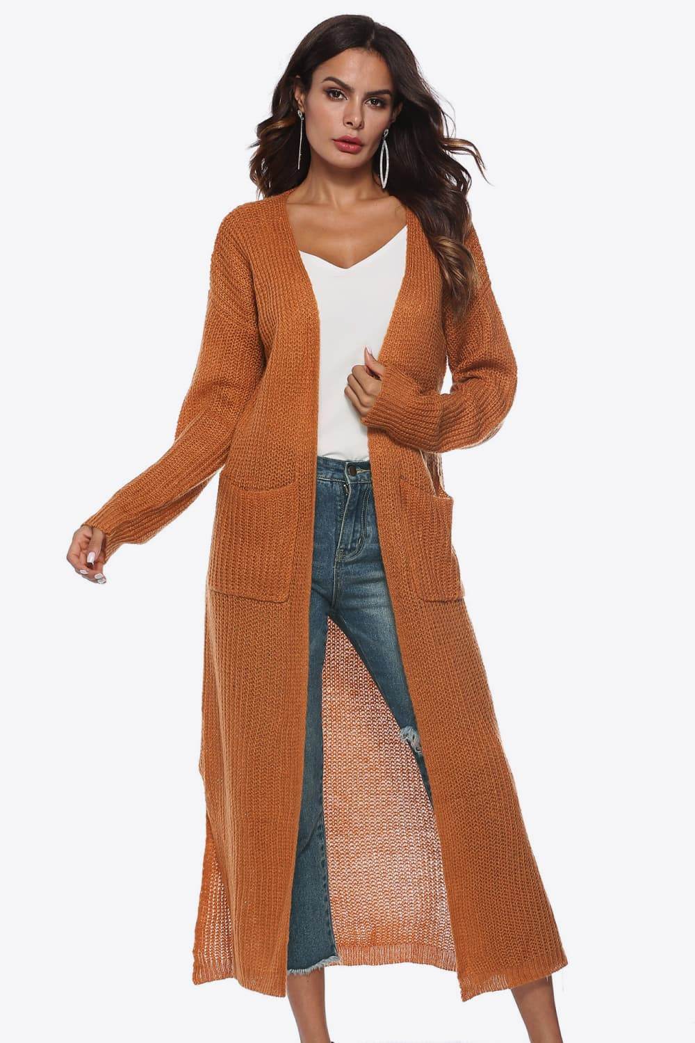 Long Sleeve Open Front Buttoned Cardigan Caramel for a perfect OOTD – dress to impress outfits from Amexza