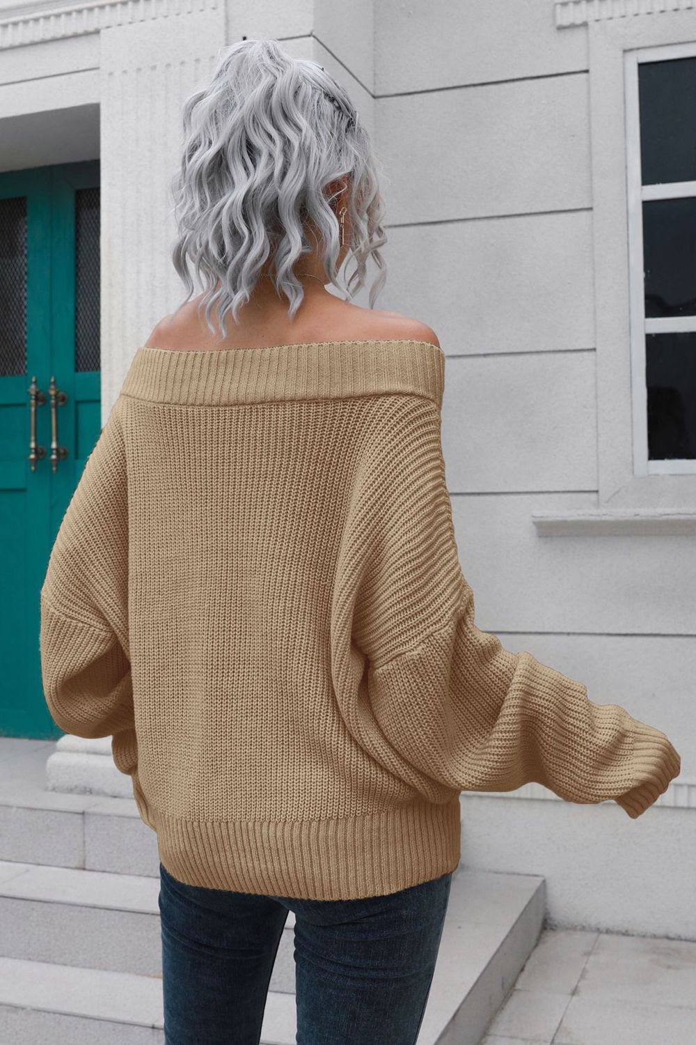 Off-Shoulder Ribbed Long Sleeve Pullover Sweater for a perfect OOTD – dress to impress outfits from Amexza