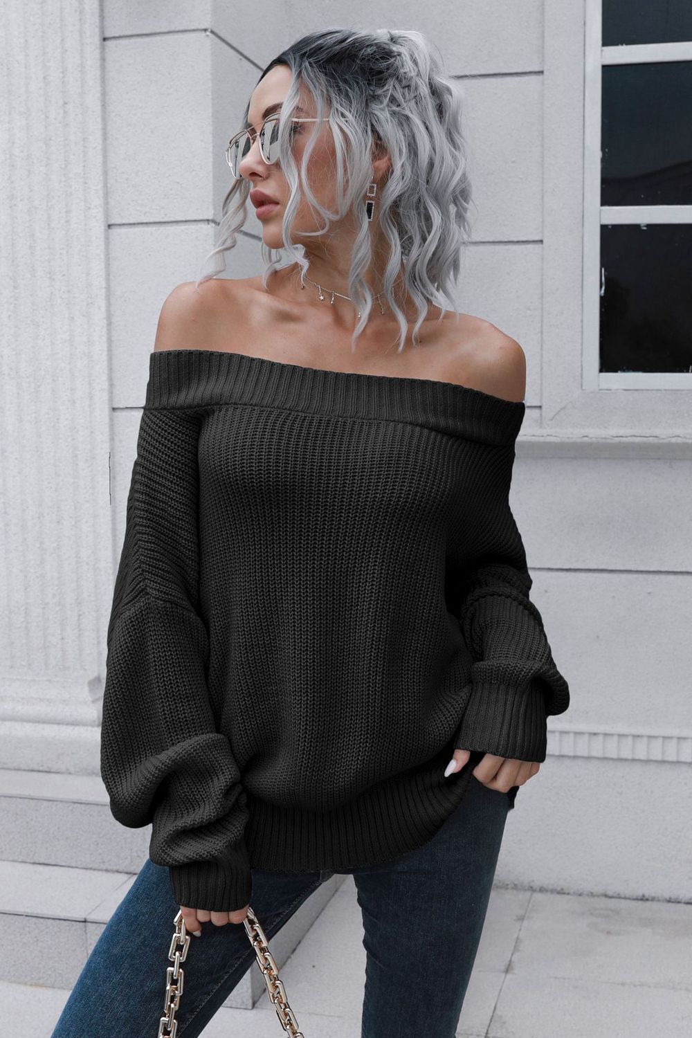 Off-Shoulder Ribbed Long Sleeve Pullover Sweater Black for a perfect OOTD – dress to impress outfits from Amexza