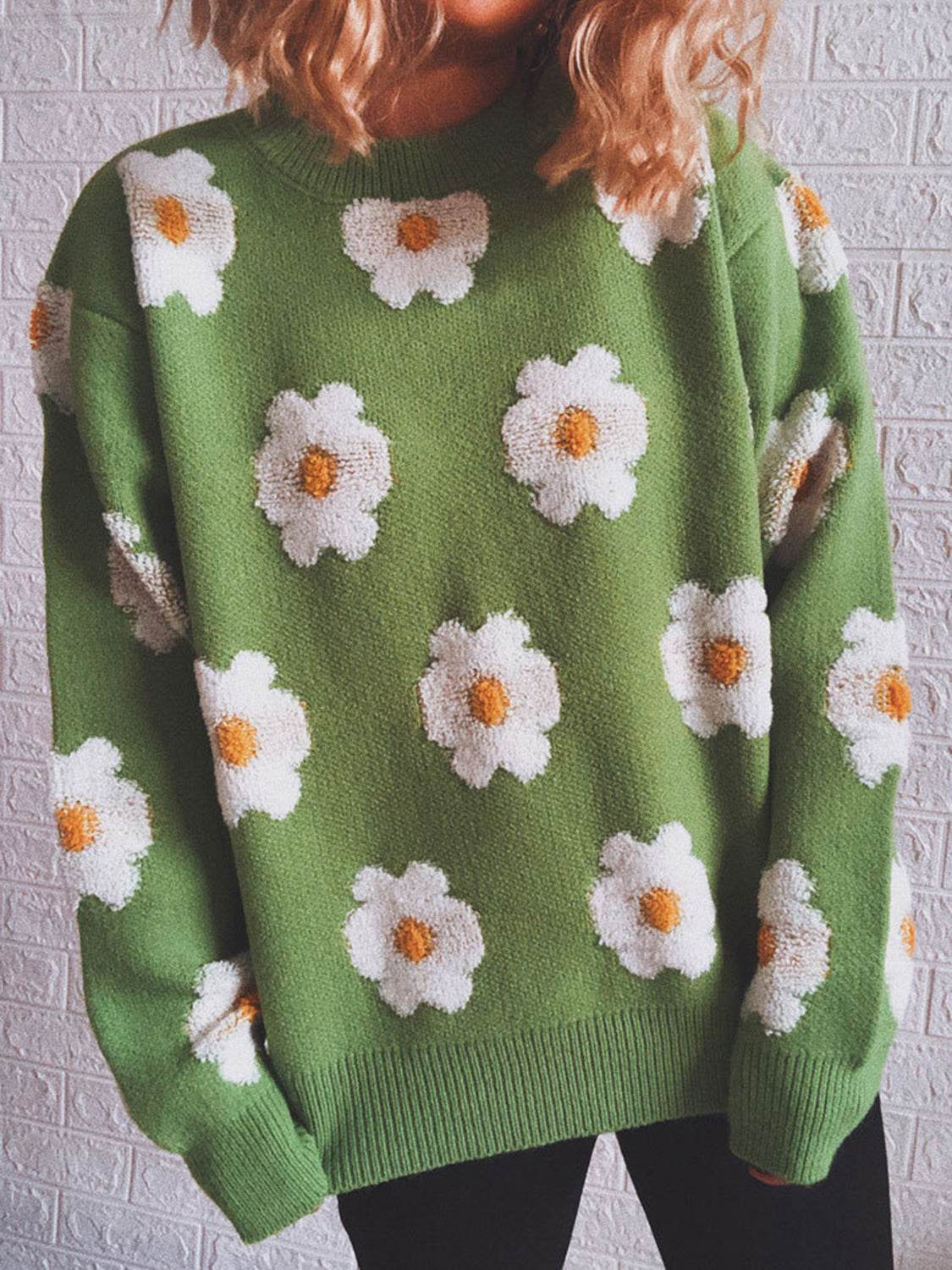 Flower Round Neck Long Sleeve Sweater Matcha Green for a perfect OOTD – dress to impress outfits from Amexza