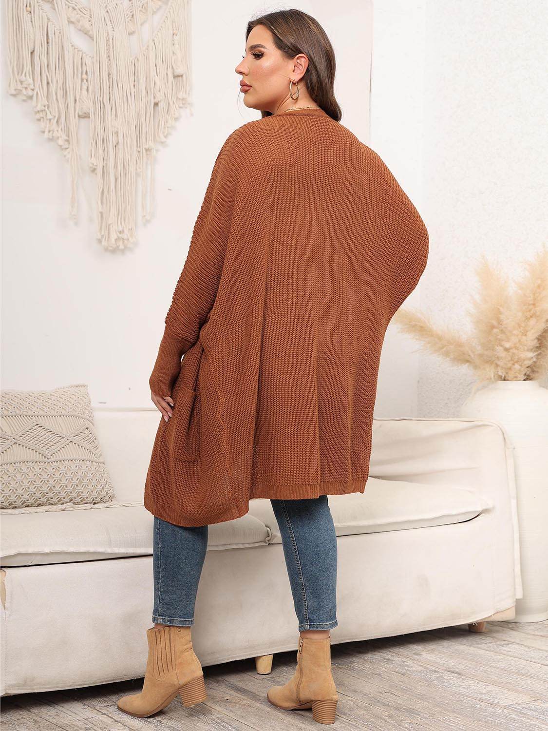 Plus Size Open Front Cardigan With Pockets - Amexza