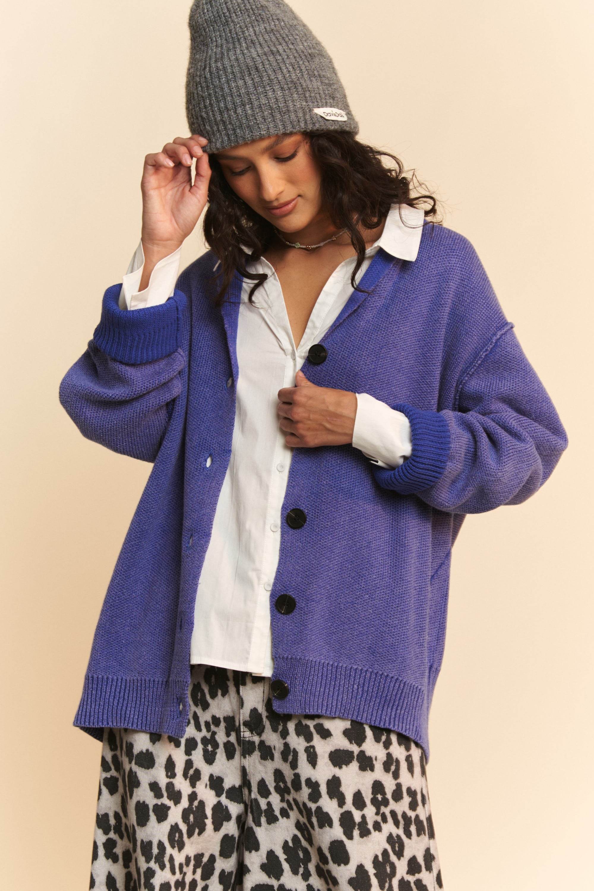 Davi & Dani Shawl Collar Ribbed Detail Button Up Cardigan Azure for a perfect OOTD – dress to impress outfits from Amexza