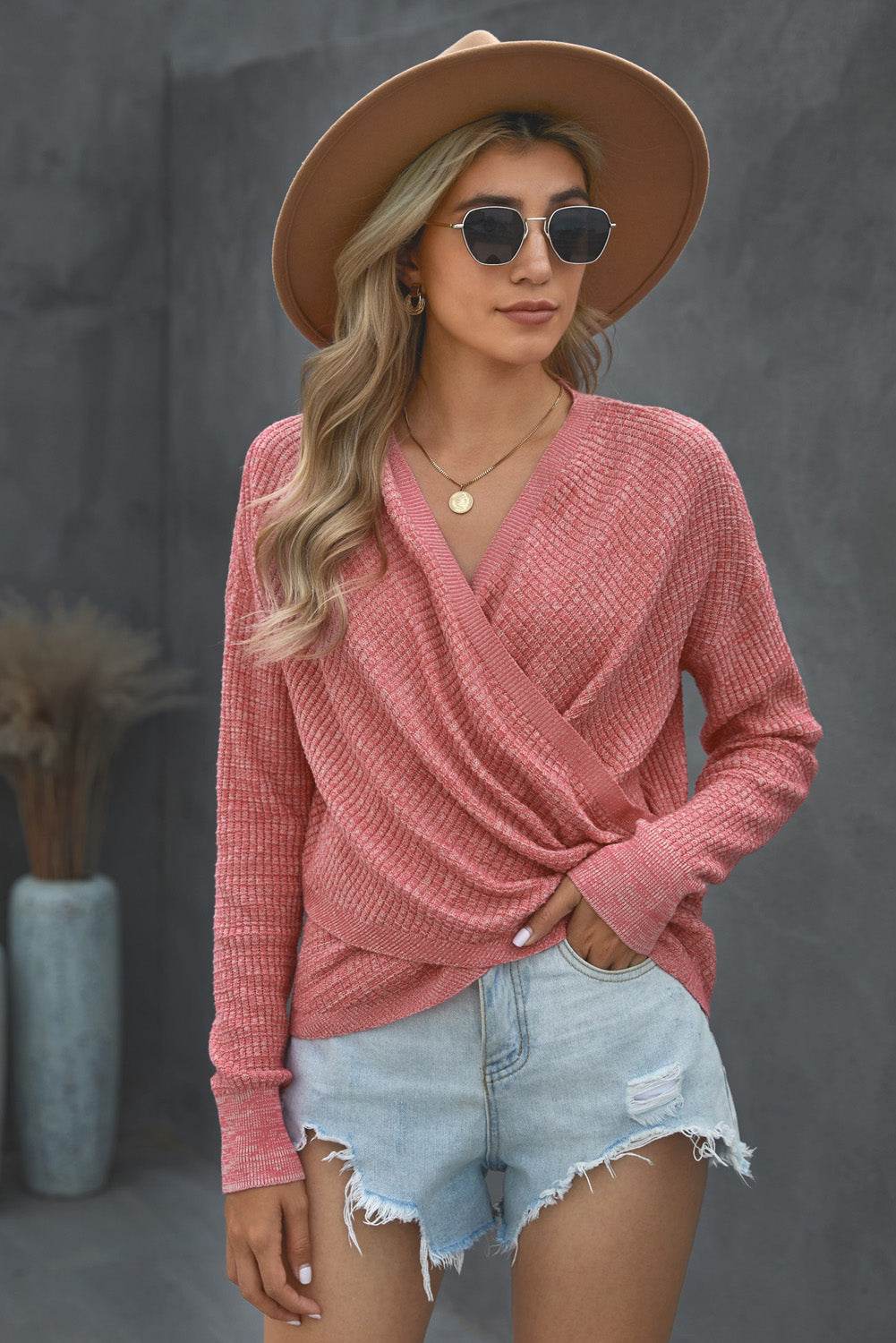 V Neck Wrap Front Knitted Top Salmon for a perfect OOTD – dress to impress outfits from Amexza