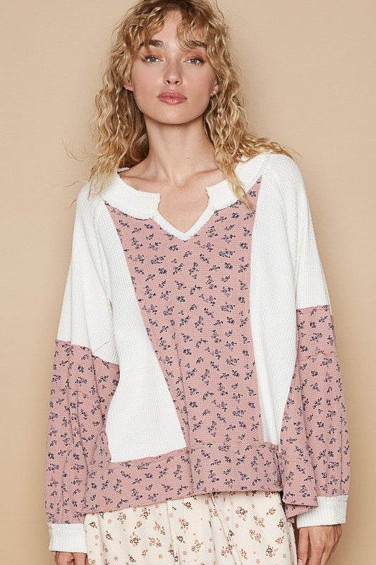 POL Waffle Knit Floral Notched Long Sleeve Top - Amexza