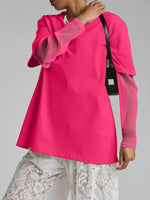 Faux Layered Round Neck Mesh Sleeve Top - Amexza