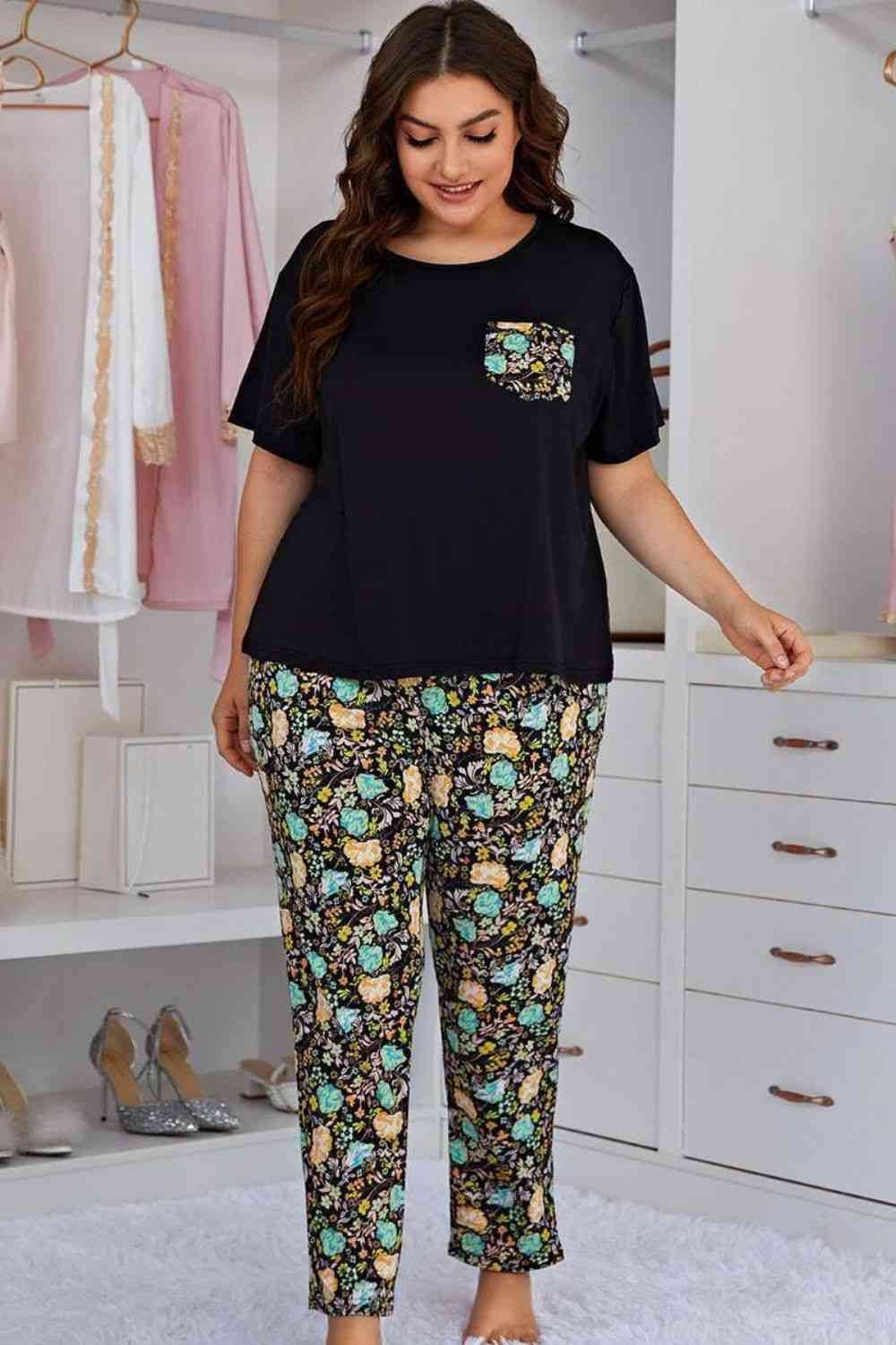 Plus Size Contrast Round Neck Tee and Floral Pants Lounge Set Black for a perfect OOTD – dress to impress outfits from Amexza