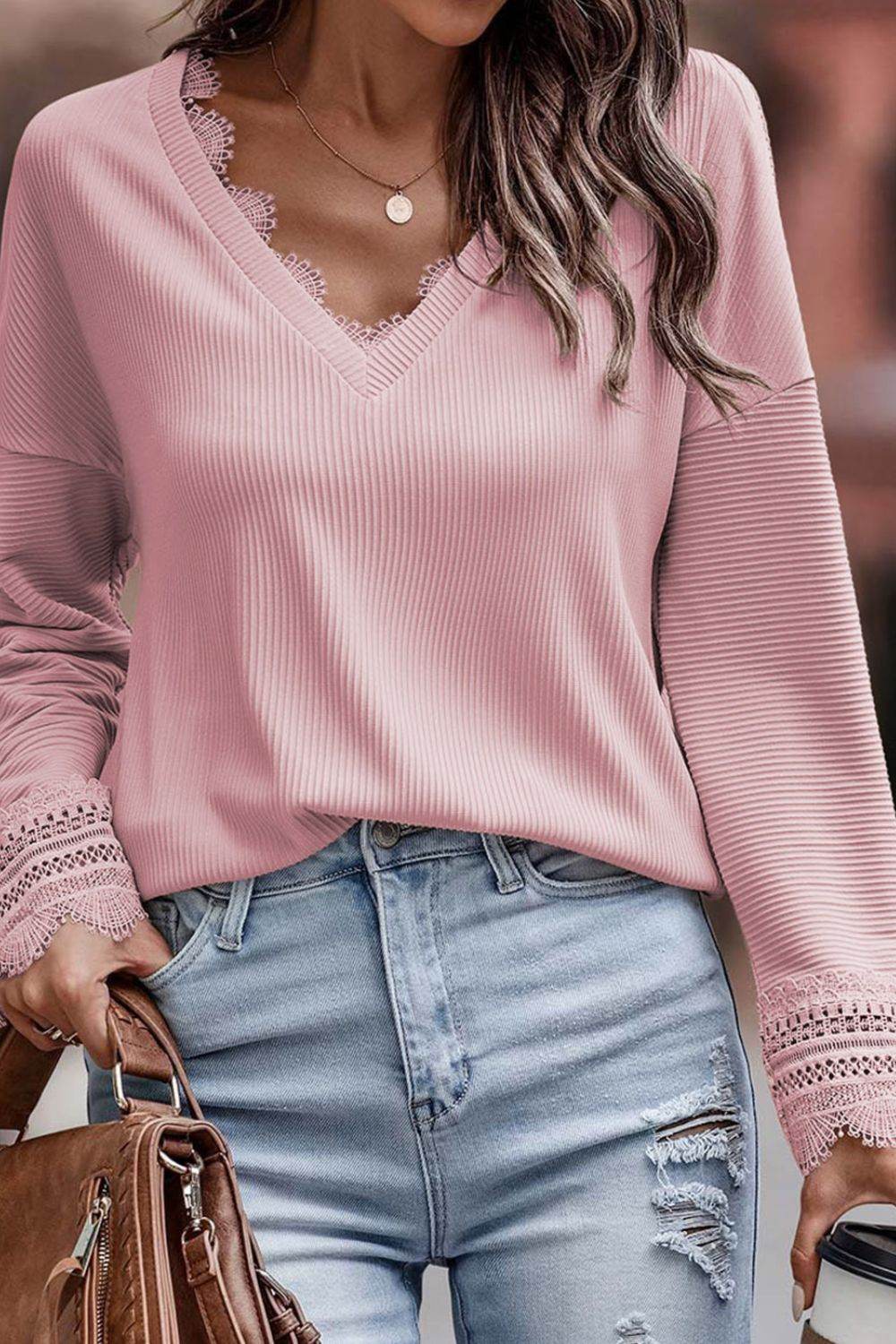 Lace Detail V-Neck Long Sleeve T-Shirt Blush Pink for a perfect OOTD – dress to impress outfits from Amexza