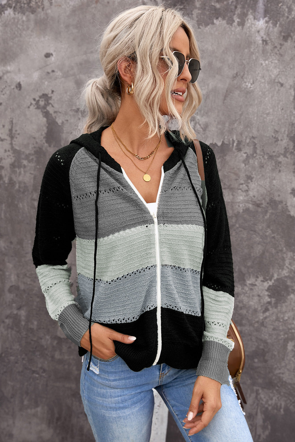 Zip-Up Raglan Sleeve Openwork Hooded Cardigan Black Gray for a perfect OOTD – dress to impress outfits from Amexza