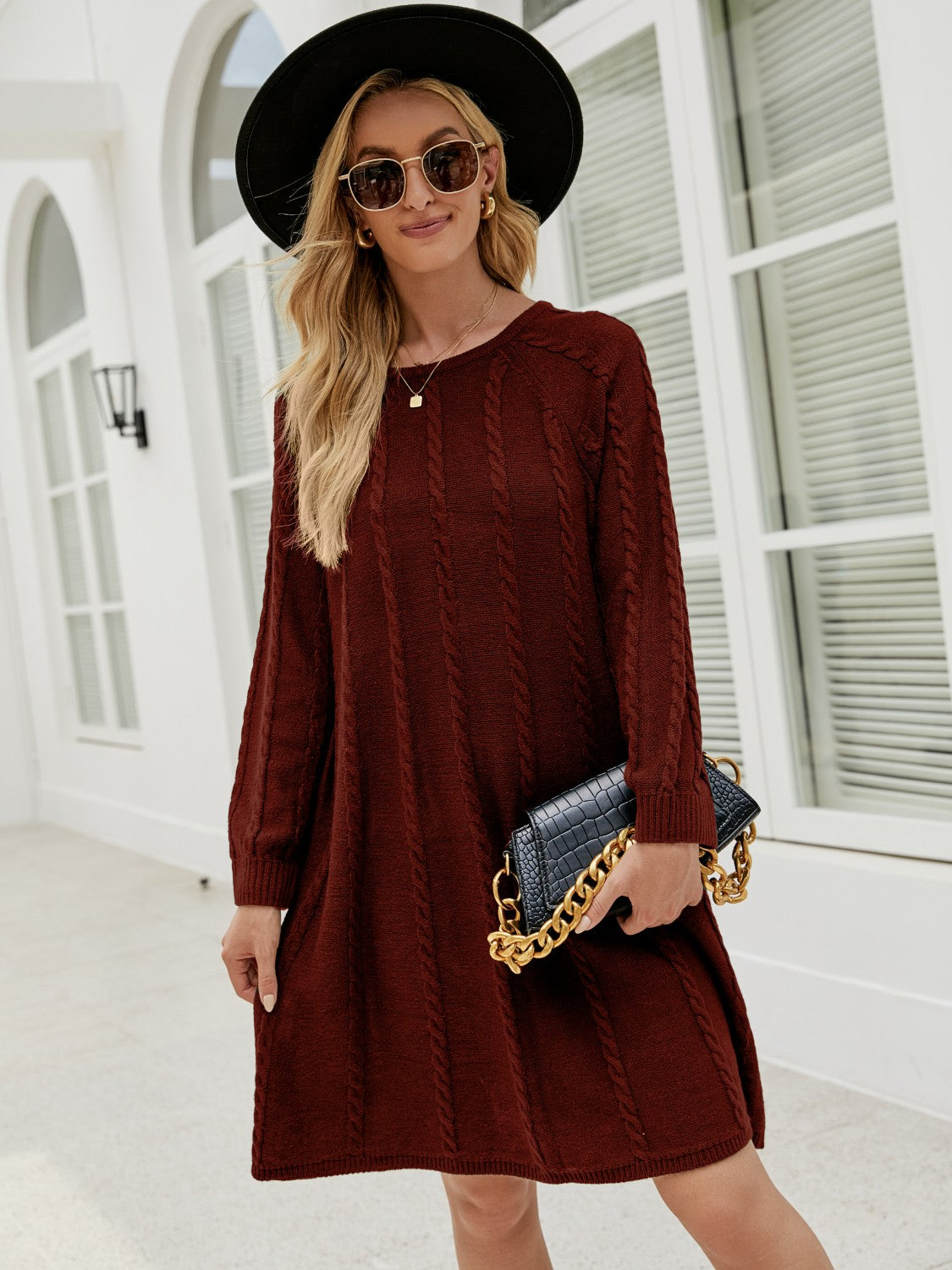 Cable-Knit Long Sleeve Sweater Dress - Wine / S