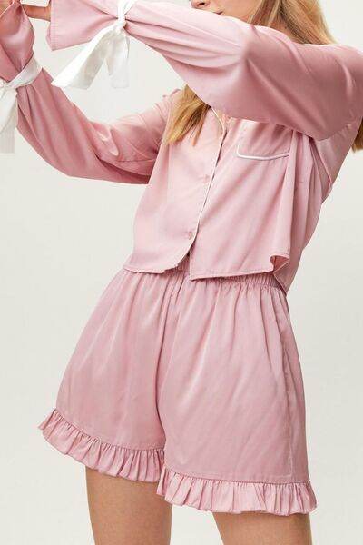 Basic Bae Tied Cuff Collared Neck Top and Frill Shorts Lounge Set - Amexza