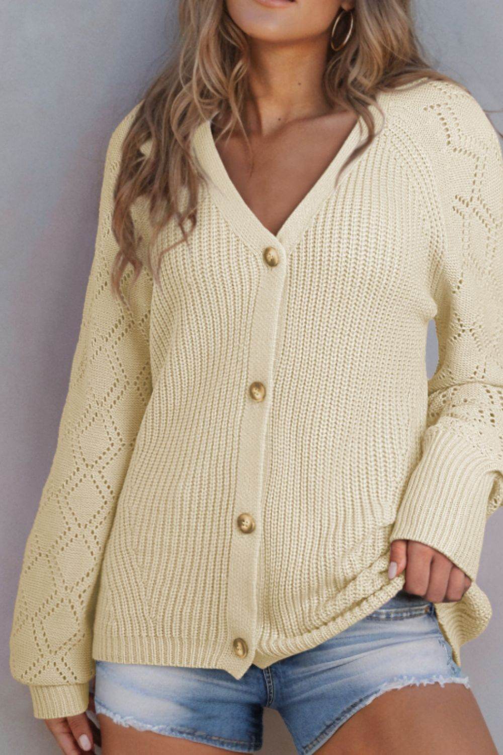 Openwork V-Neck Button Up Cardigan for a perfect OOTD – dress to impress outfits from Amexza