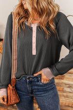 Textured Contrast Stitching Raglan Sleeve Top - Amexza