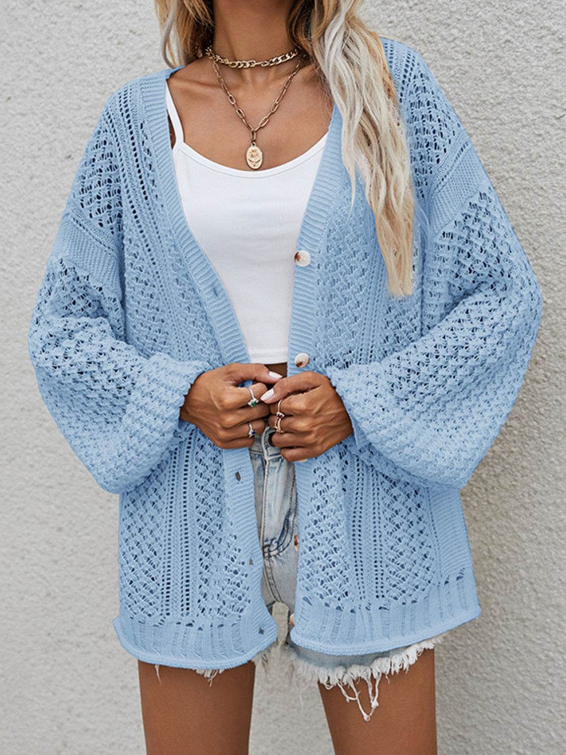 Openwork Button Front Cardigan Sky Blue for a perfect OOTD – dress to impress outfits from Amexza