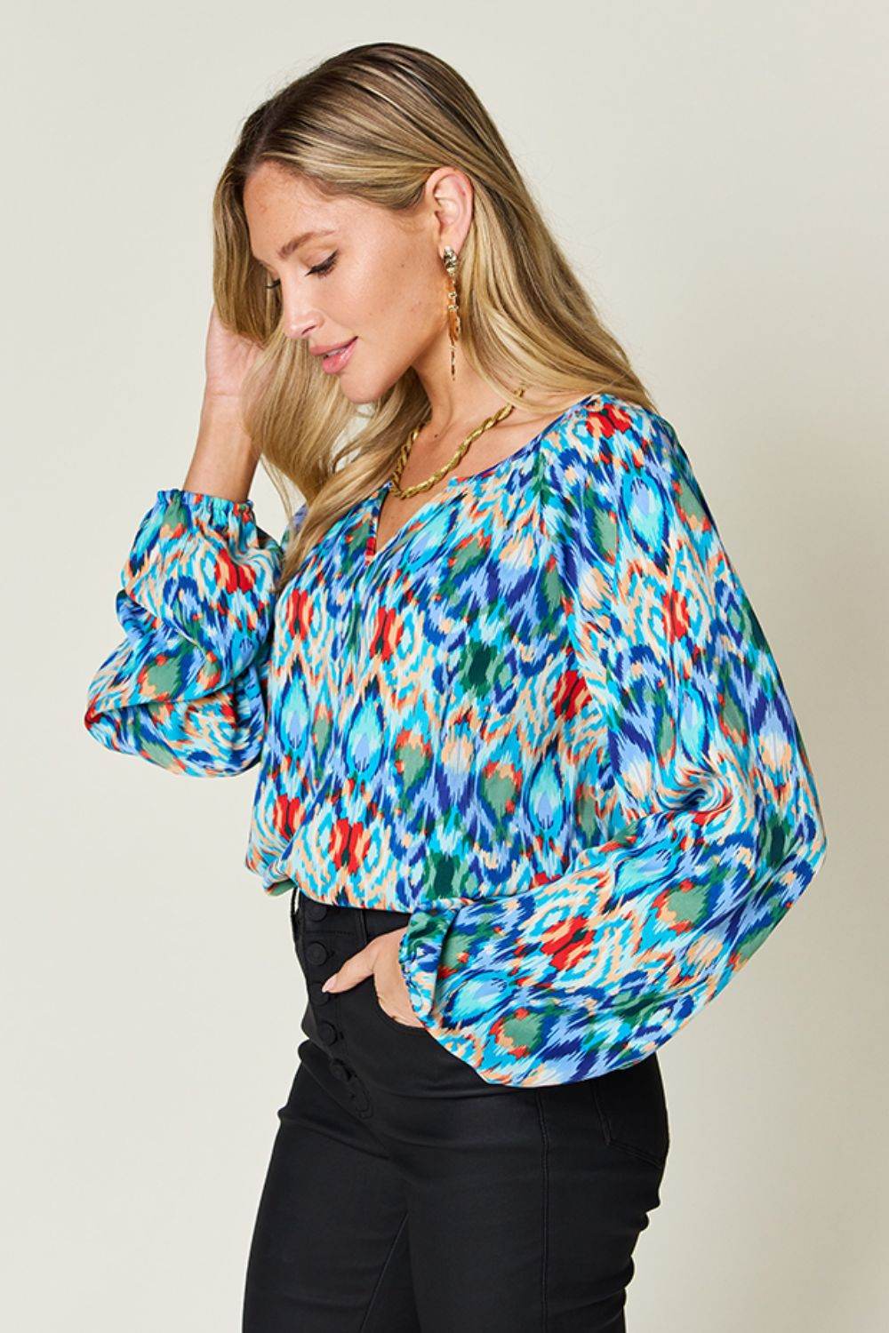 Double Take Full Size Printed Balloon Sleeve Blouse for a perfect OOTD – dress to impress outfits from Amexza